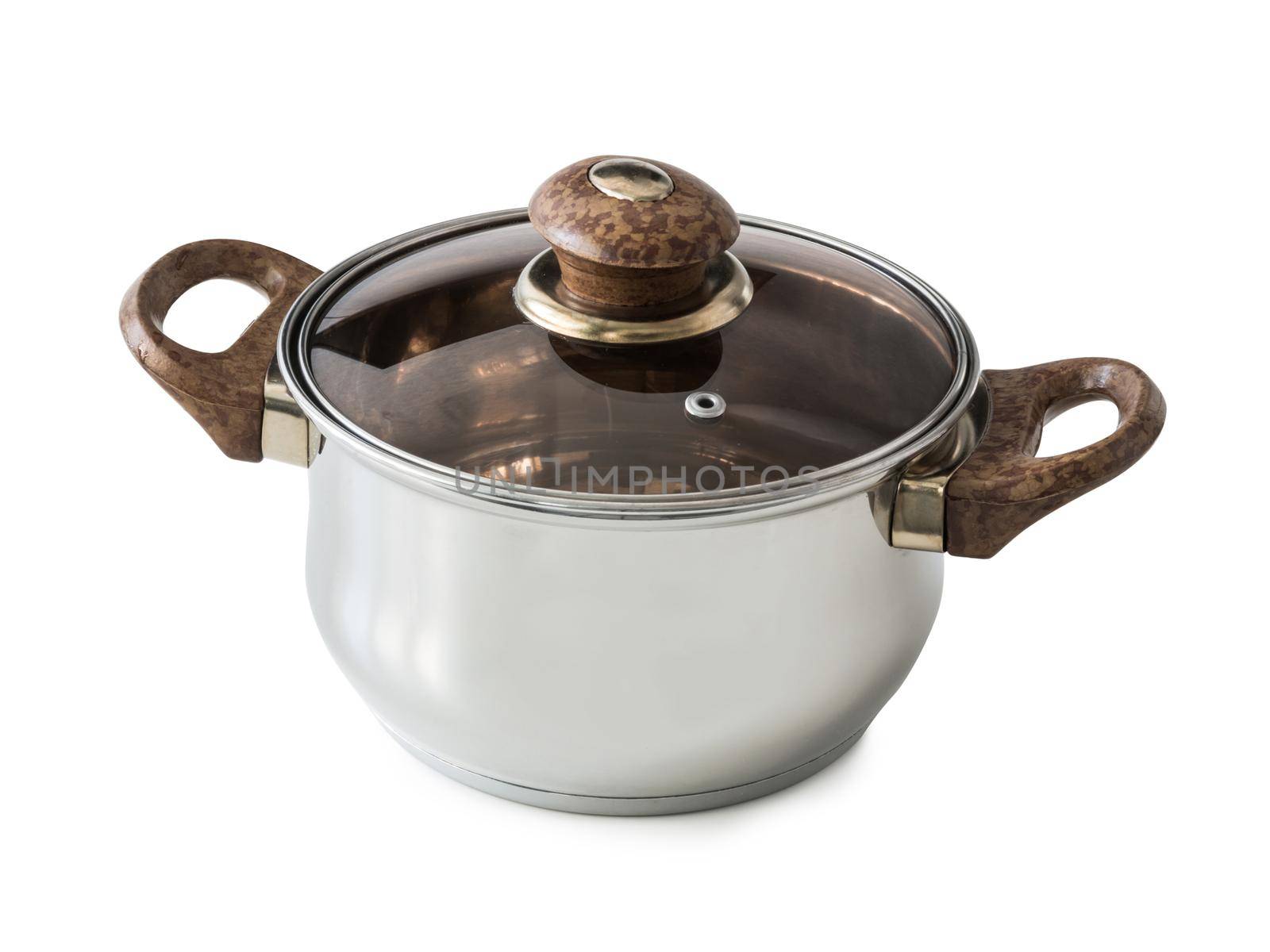 new steel pot with glass lid isolated on white background