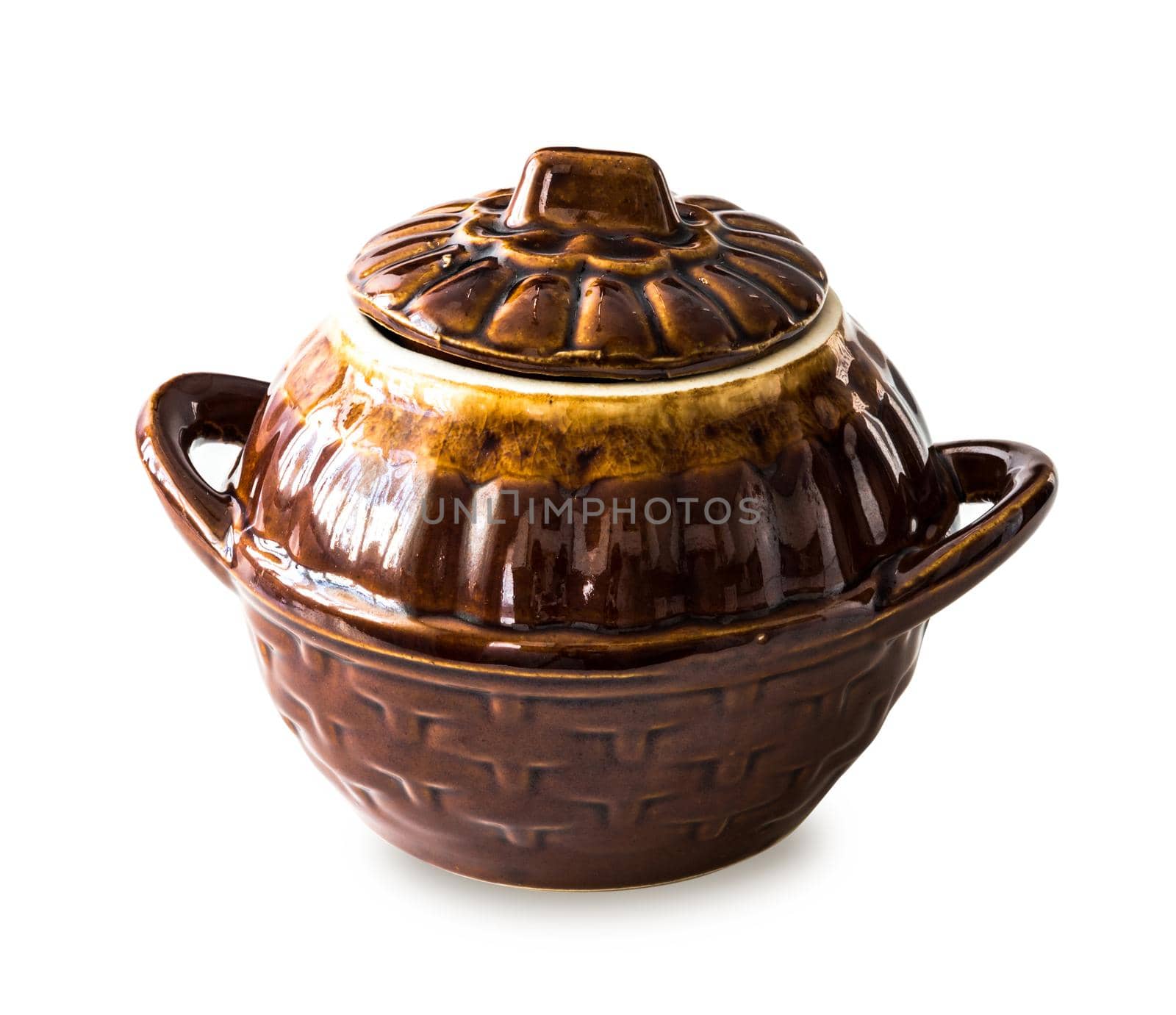 pottery bowl with handles and lid isolated on white background
