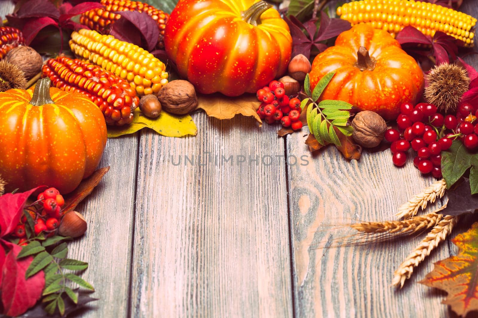 Thanksgiving still life - berries, nuts, corn and pumpkins on a table