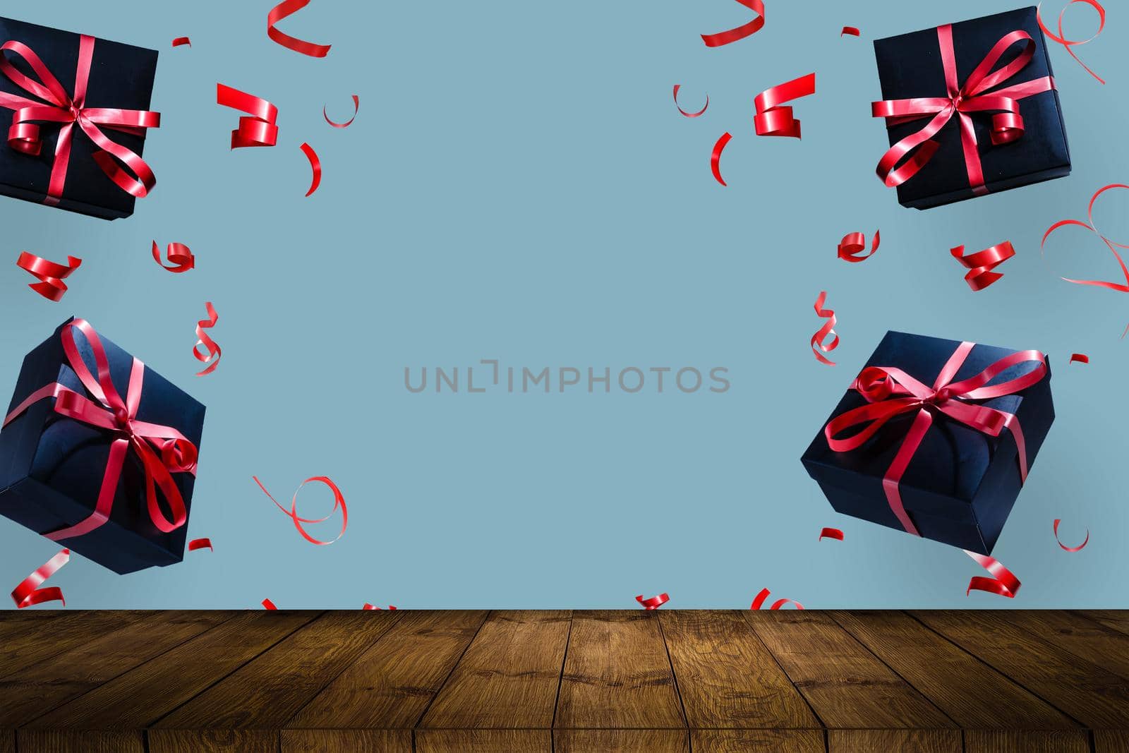 wood table with blured gifts bokeh background by Andelov13