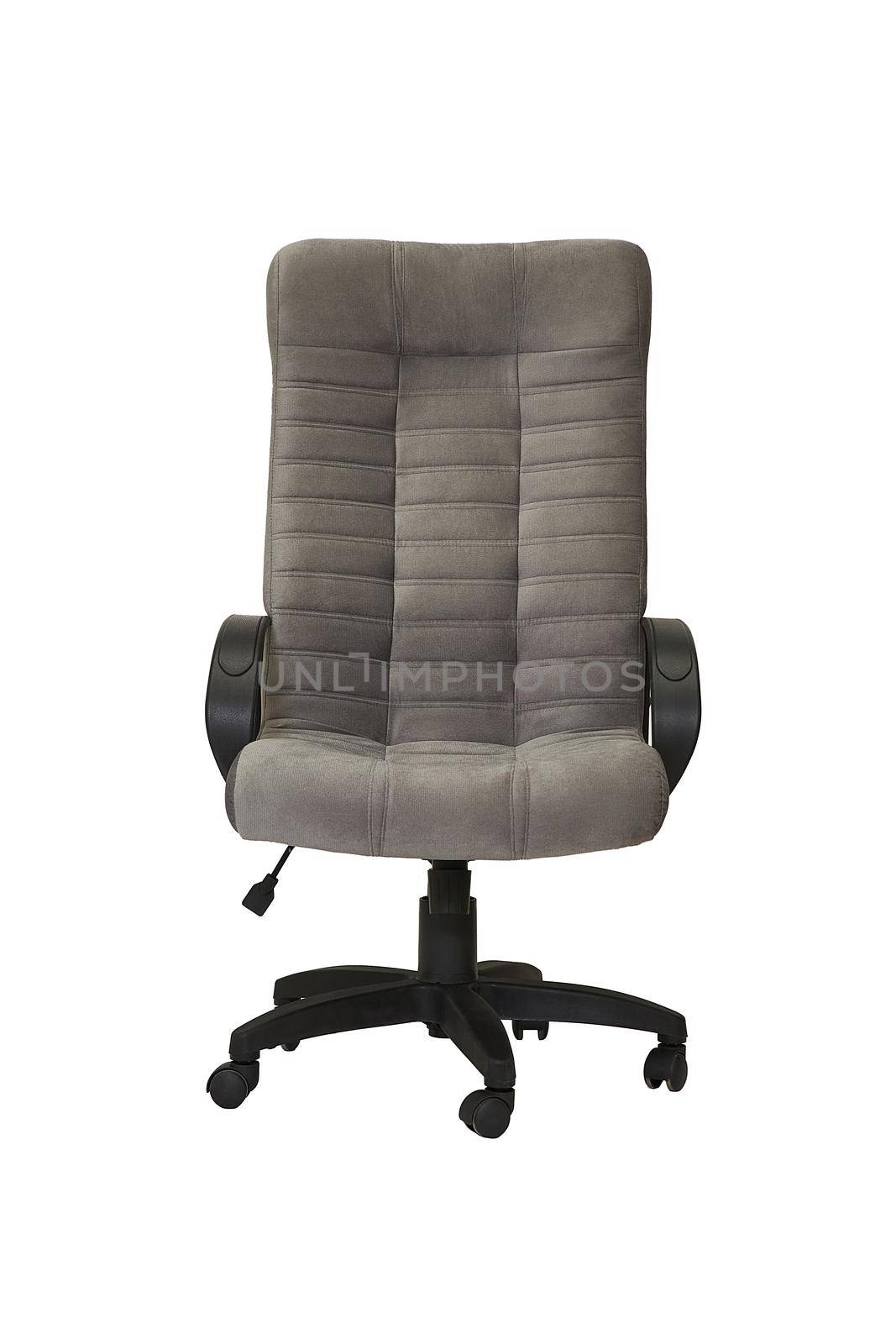 grey fabric office armchair on wheels isolated on white background. front view