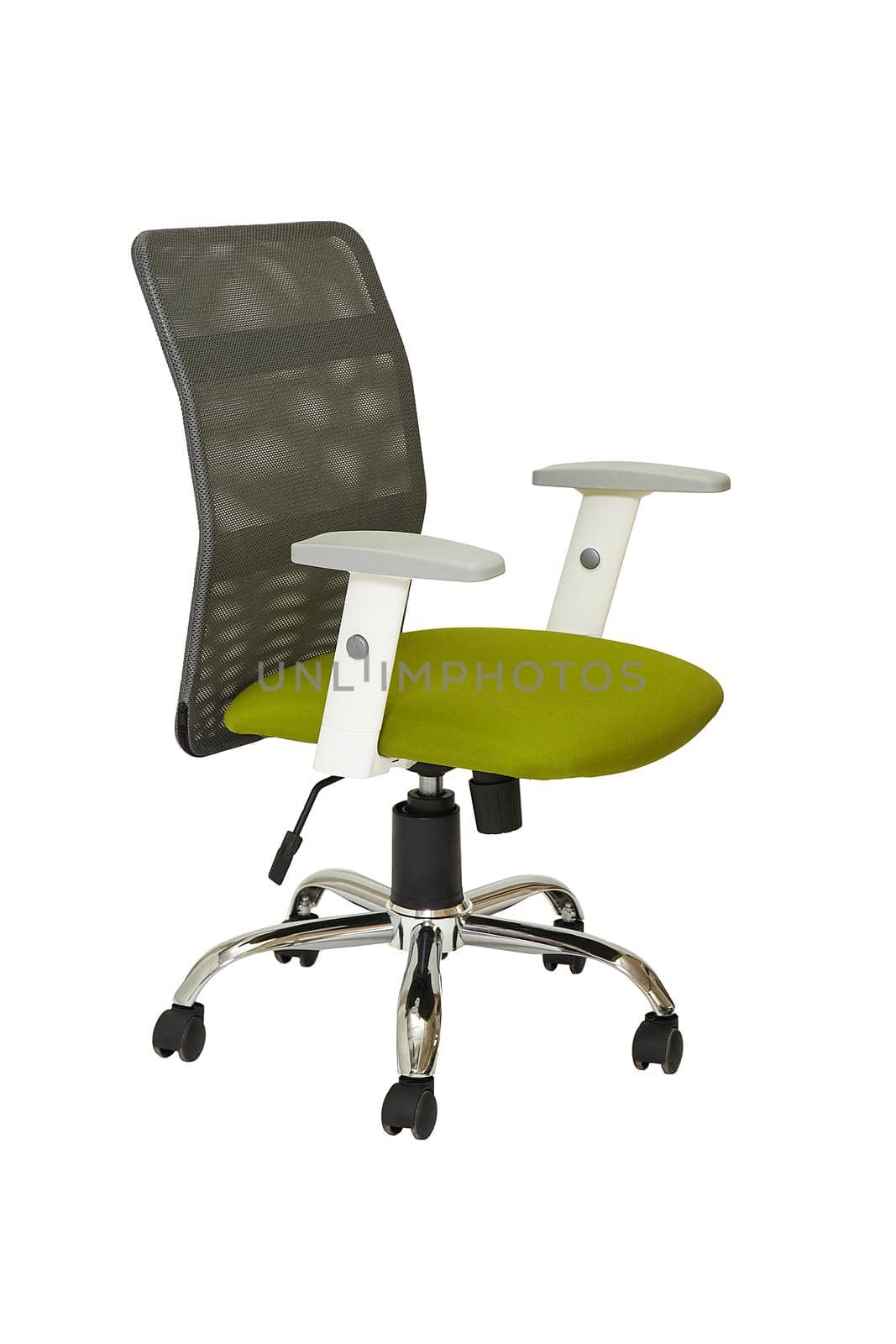 light green fabric office armchair on wheels with grey plastic back isolated on white background. side view