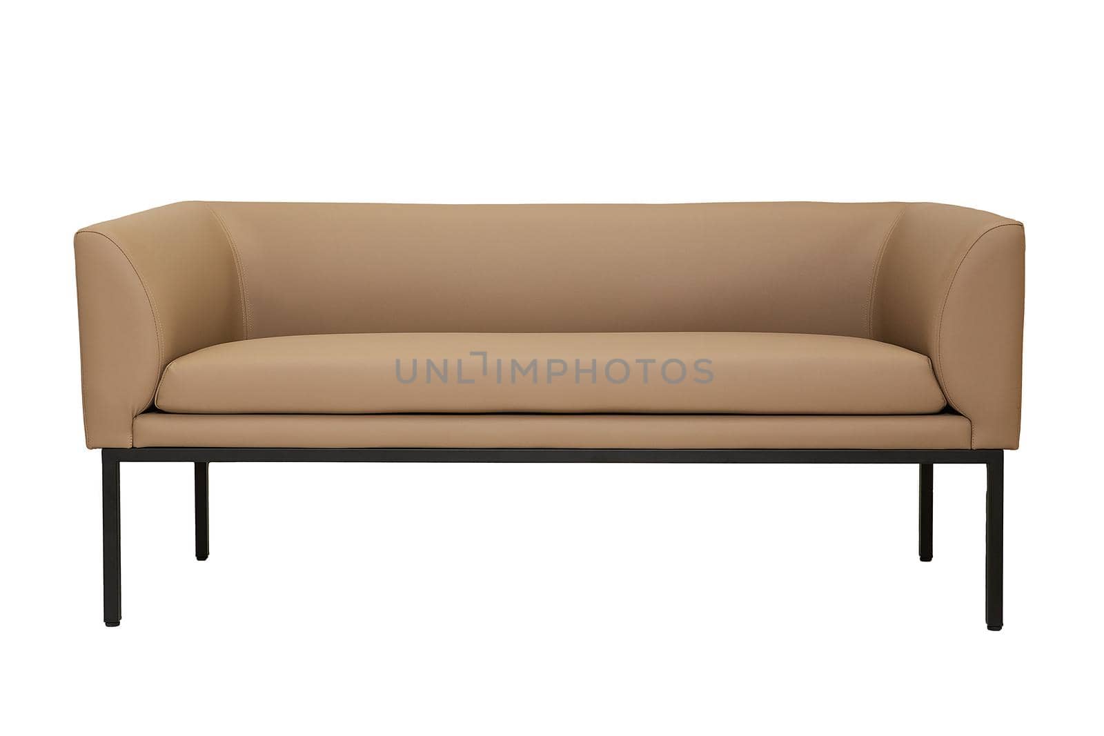 beige leather couch in strict style isolated on white background, front view. modern furniture in minimal style, interior, home or office design