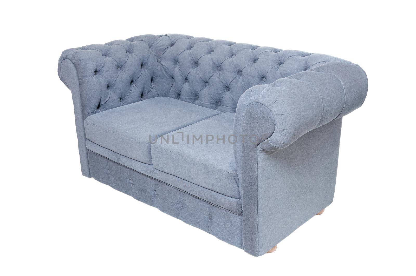 old fashioned vintage grey or blue fabric sofa isolated on white background, side view. modern couch, furniture in retro style, interior, home design