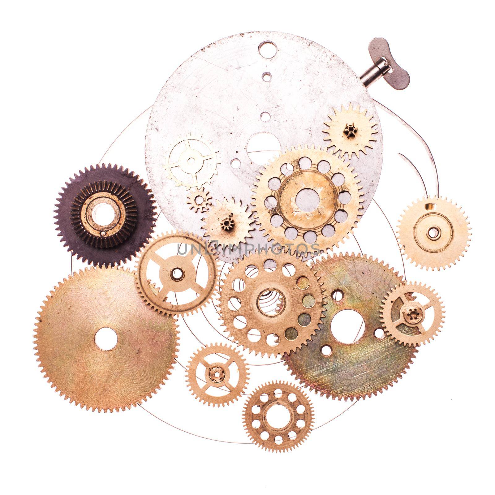 Steampunk details isolated on white. Mechanical clocks details, gears as a fantasy device