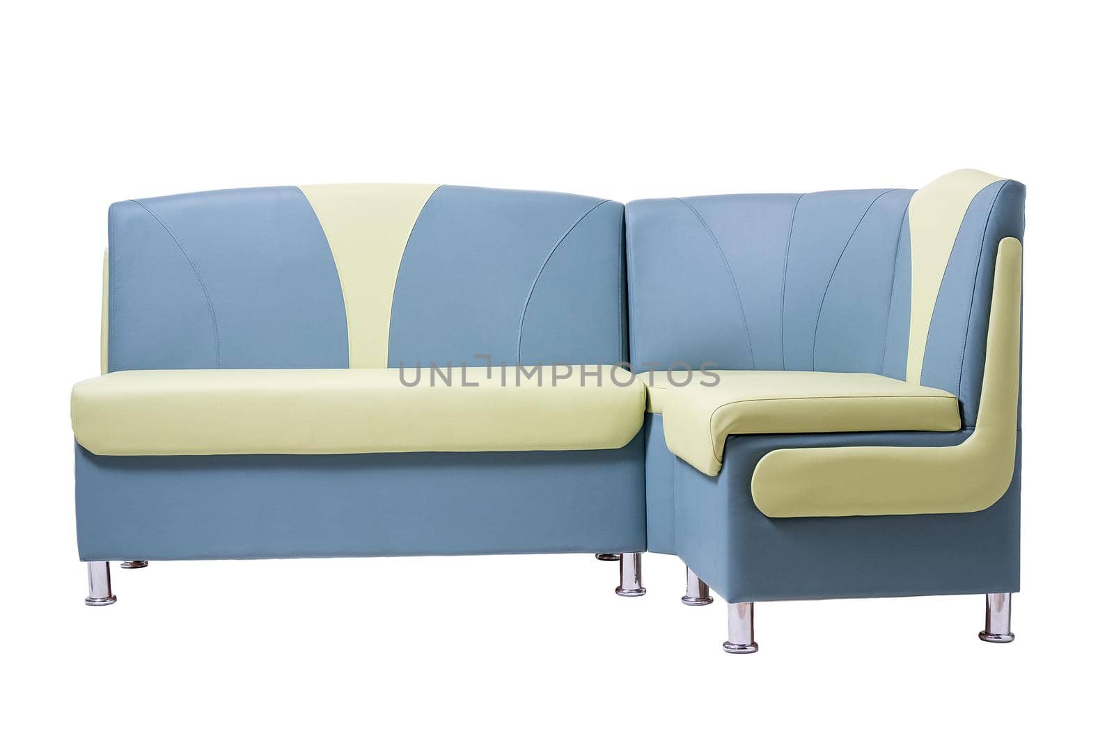 blue and green leather office sofa with metal chrome legs isolated on white background. modern couch, furniture, interior, home design