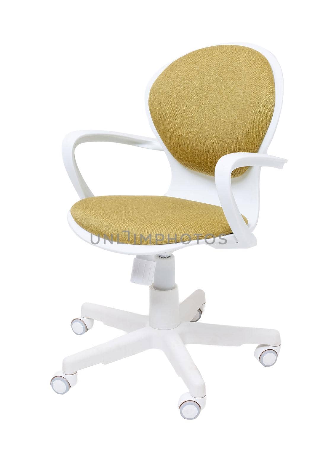yellow office fabric armchair on wheels isolated on white background, side view. modern furniture, interior, home design