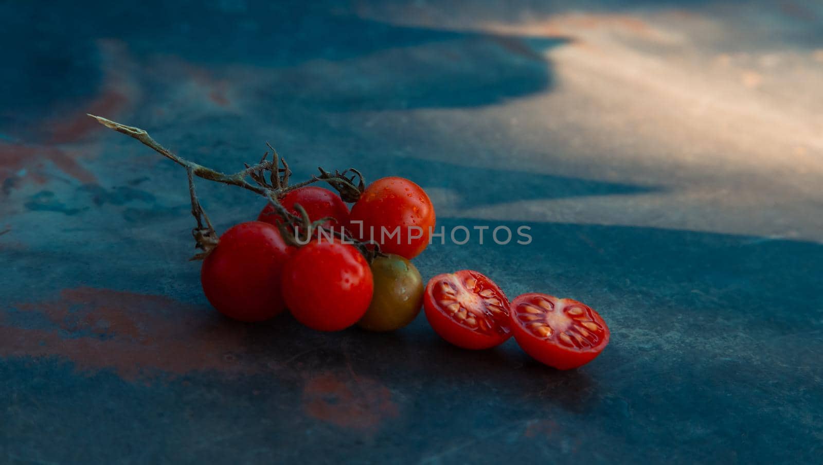 Mix Tomatoes Cherry branch In Summer Day. Composition Of Variety Fresh Tomatoes. Rustic Dark Styling