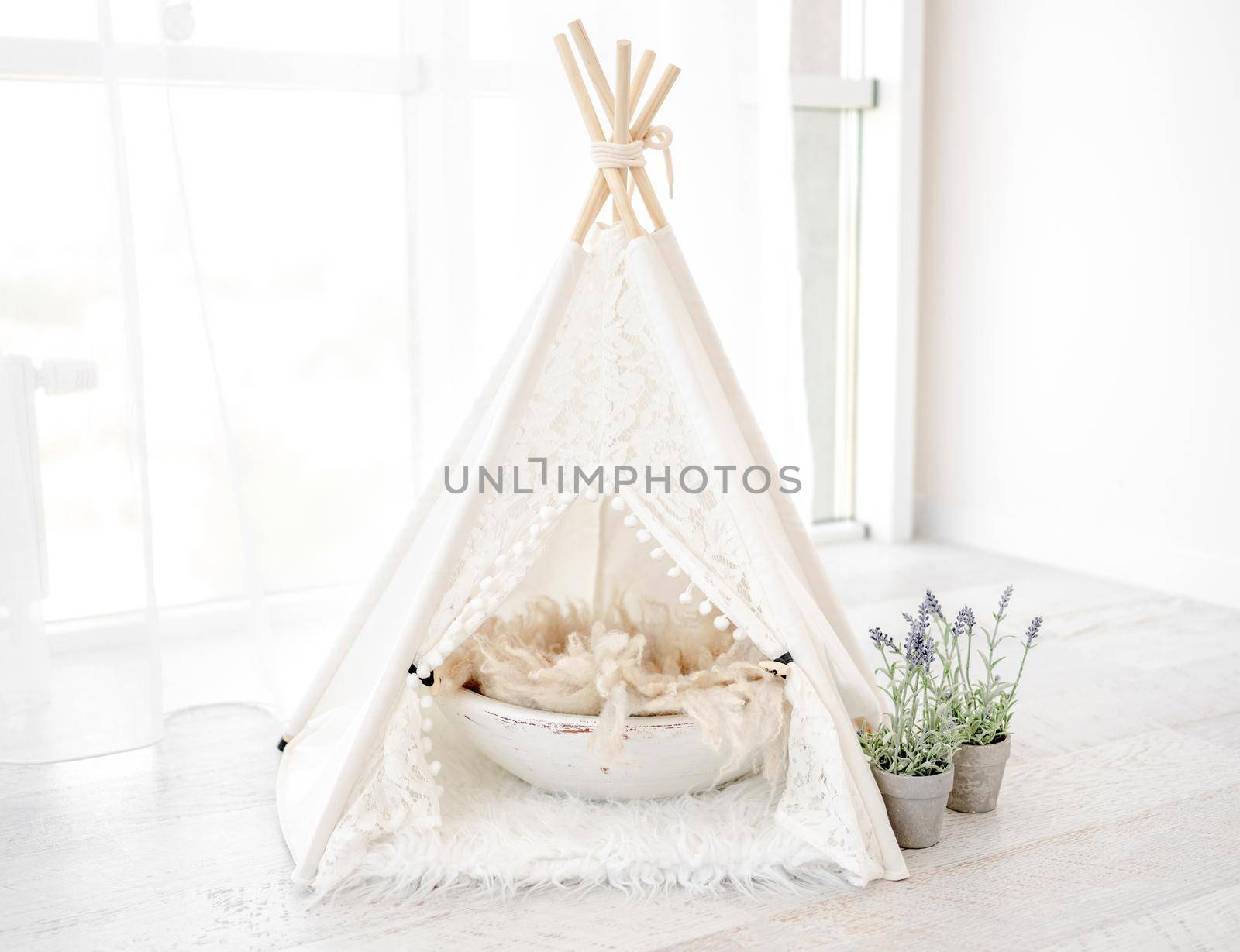 Beautiful white hut house decoration with basin and flowers for domestic pets photosession in light room. Stylish cute furniture wigwam for cat, dog and rabbit studio photos