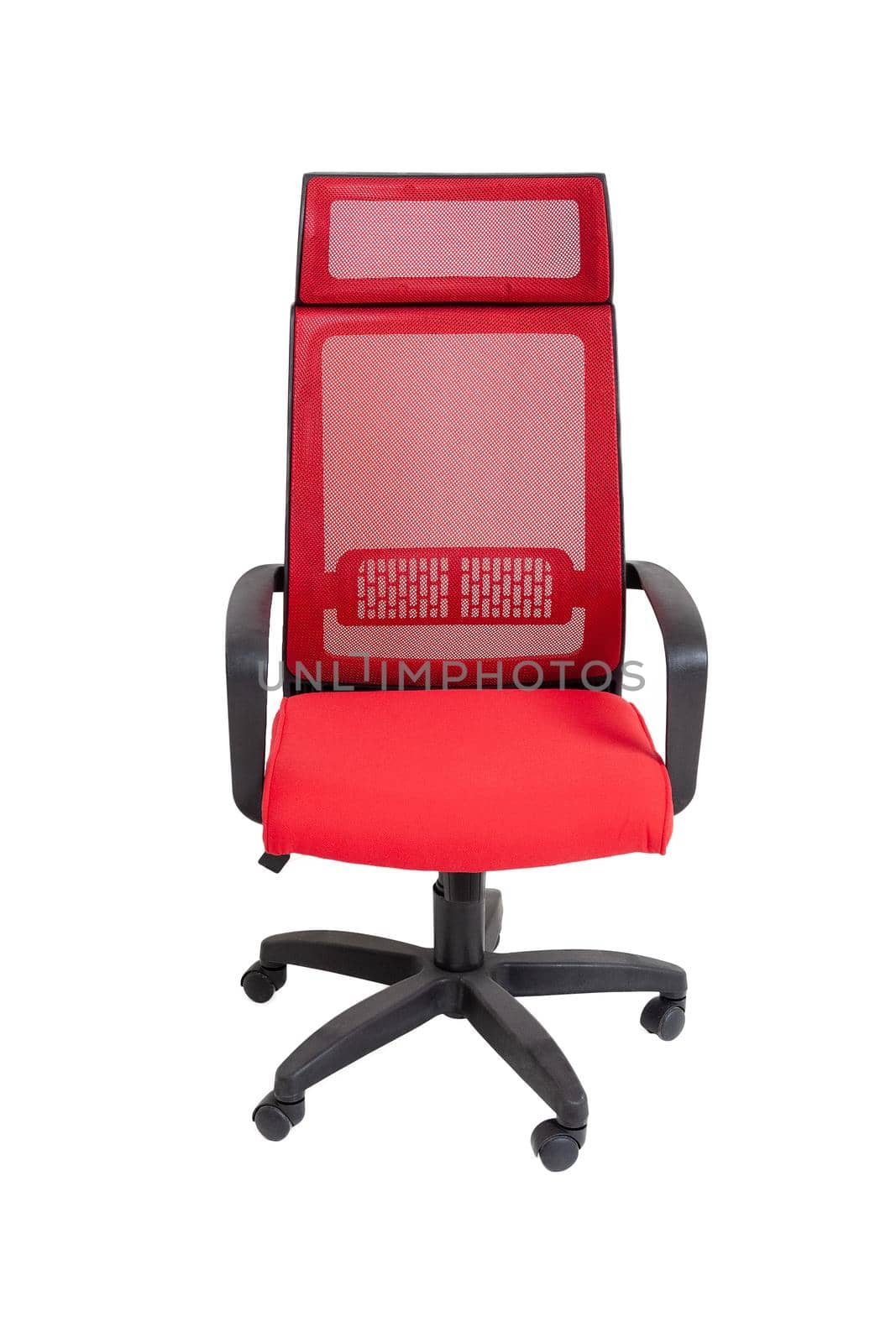 red office fabric armchair on wheels isolated on white background, front view. modern furniture, interior, home design