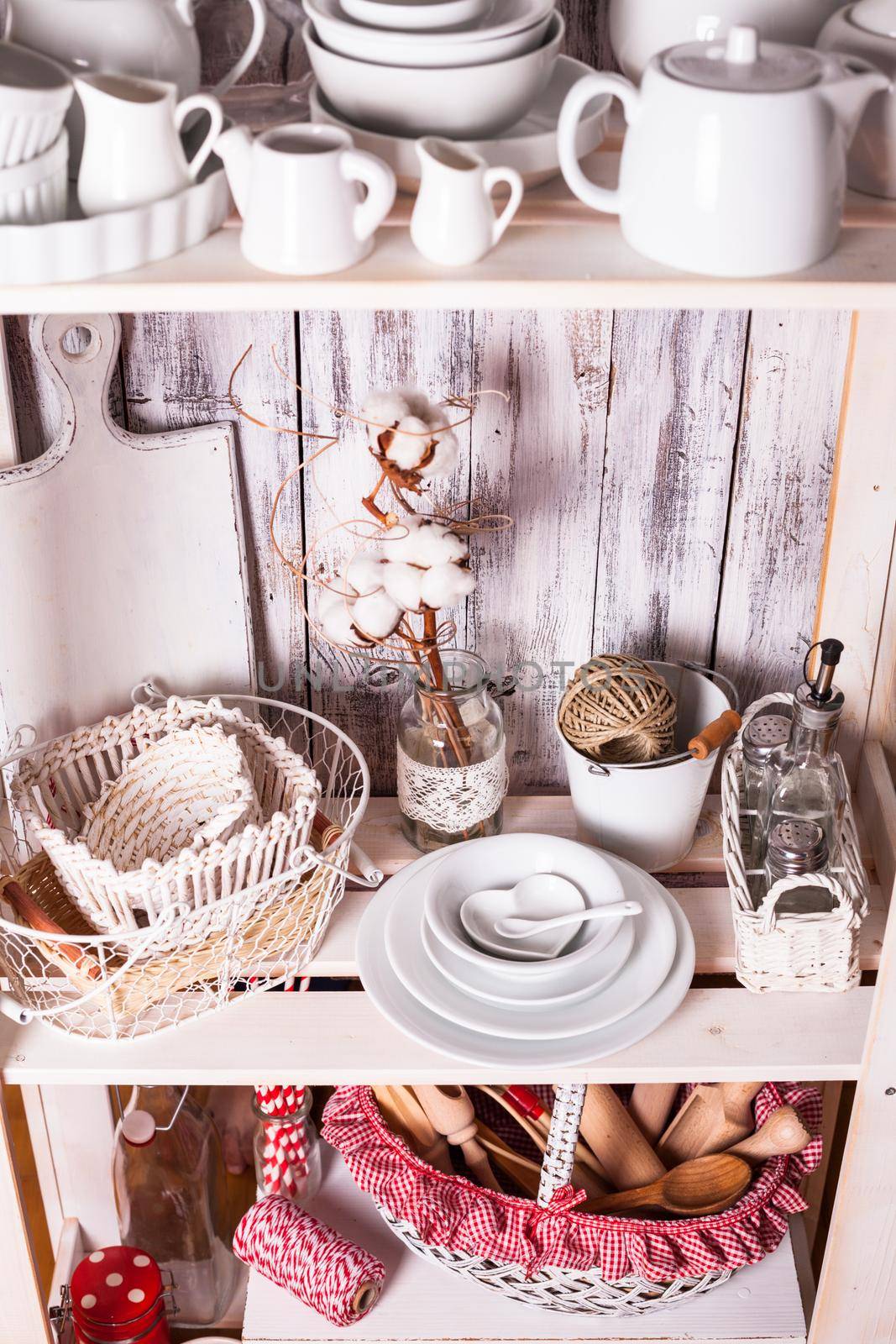 Lovely homeware and dishware in the kitchen at shabby chic style