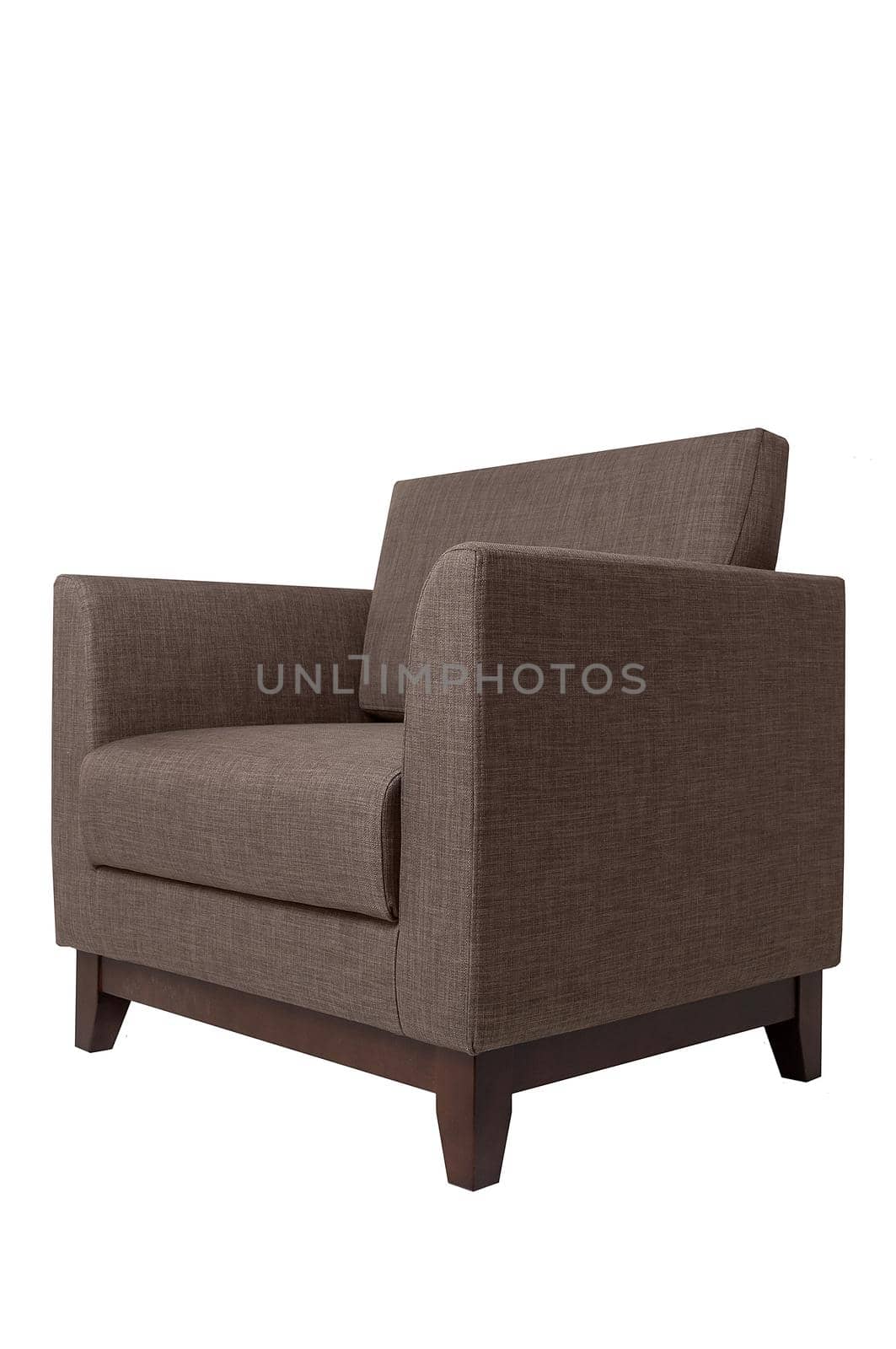 Modern brown fabric armchair isolated on white background. Side view. Strict style furniture