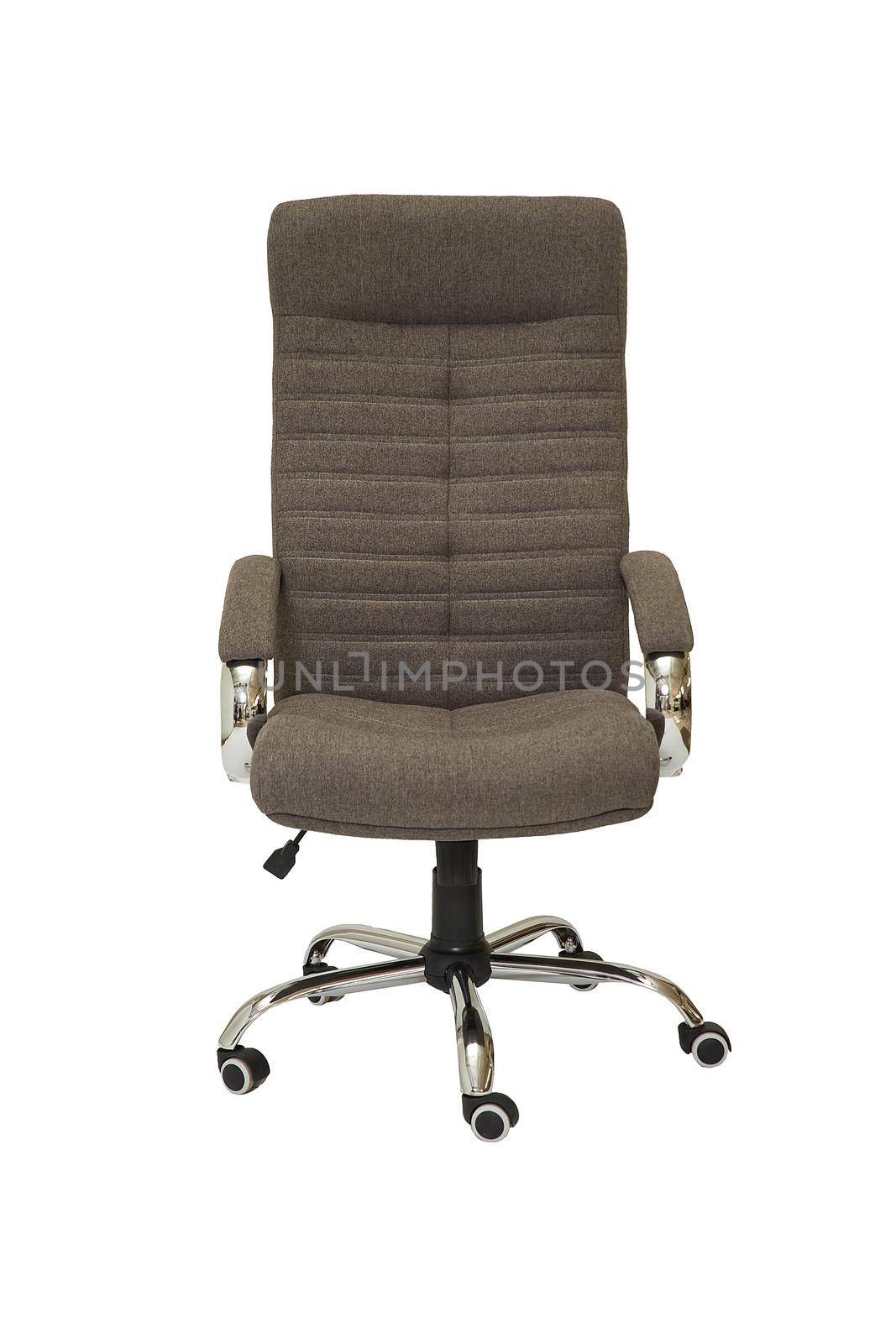 grey fabric office armchair on wheels isolated on white background. front view