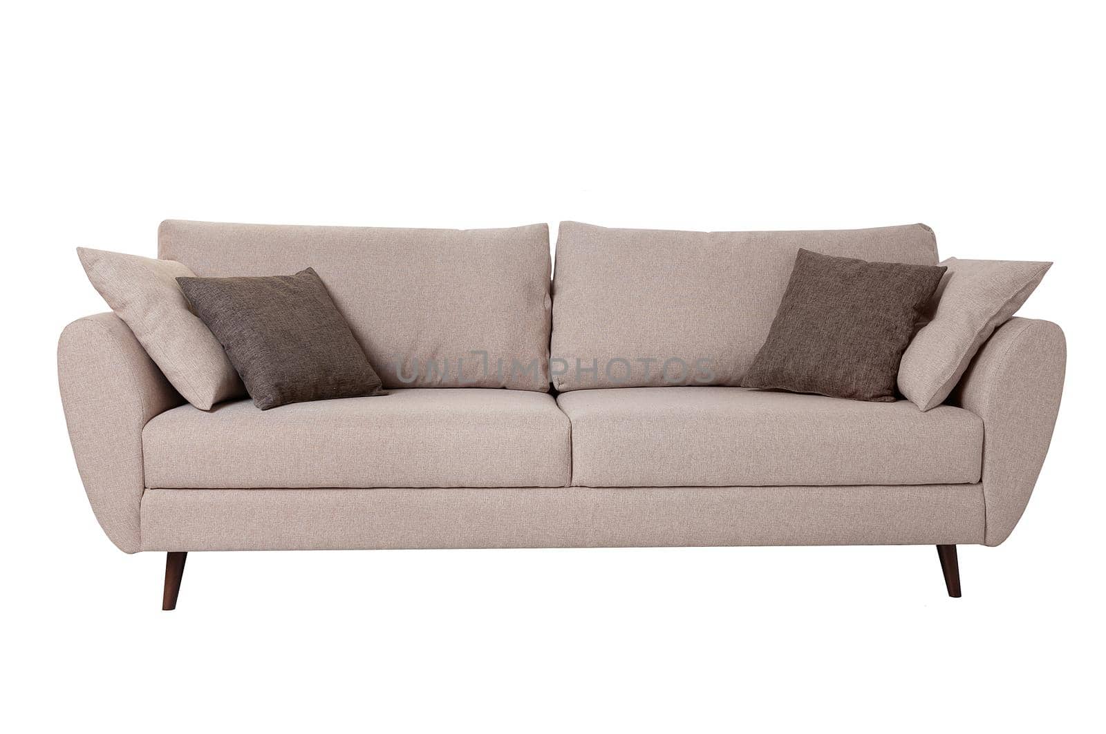 Modern grey fabric sofa with pillows isolated on white background. Front view. Strict style furniture
