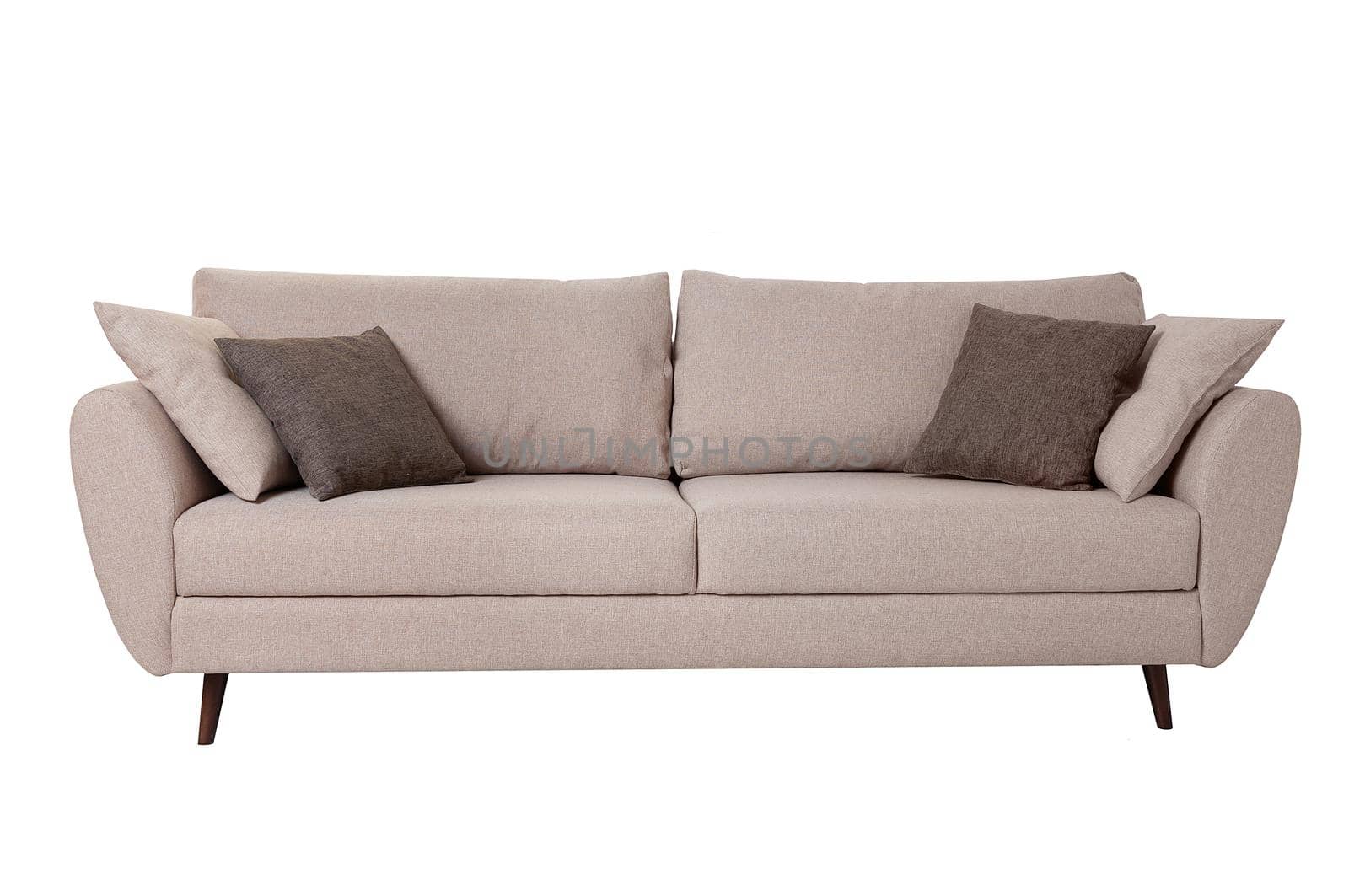 Modern grey fabric sofa with pillows isolated on white background. Front view. Strict style furniture