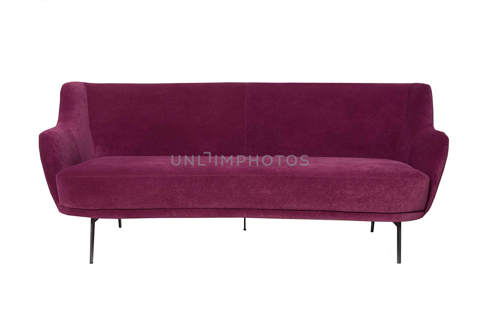 Modern scarlet fabric sofa isolated on white background. Front view. Strict style furniture