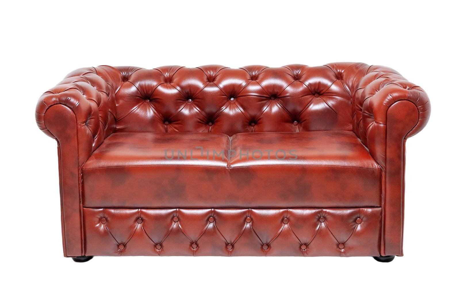 single brown luxurious leather office sofa isolated on white background, front view. antique furniture, old vintage couch, interior, home design