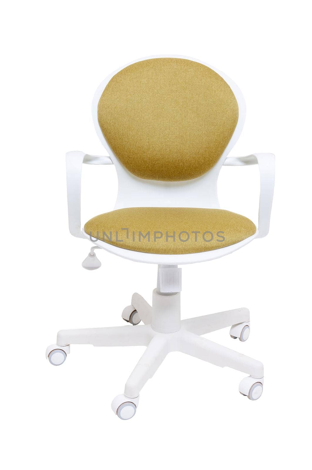 yellow office fabric armchair on wheels isolated on white background, front view. modern furniture, interior, home design