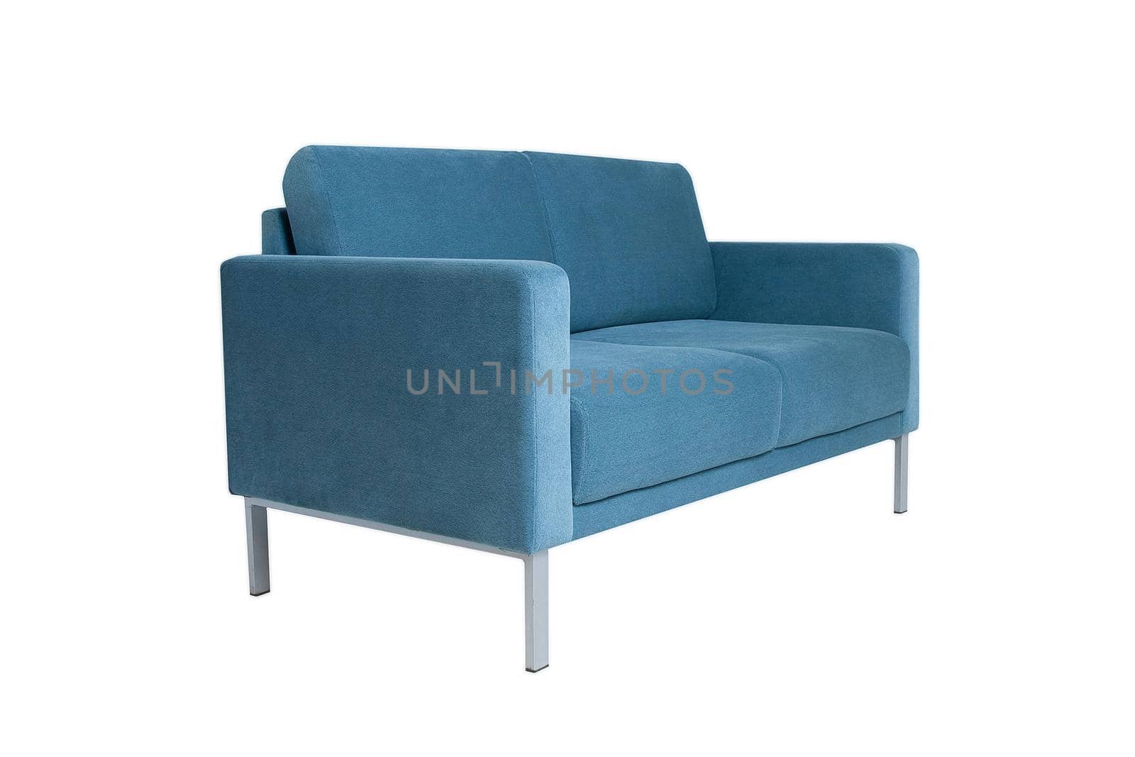 Modern grey fabric sofa isolated on white background. Side view