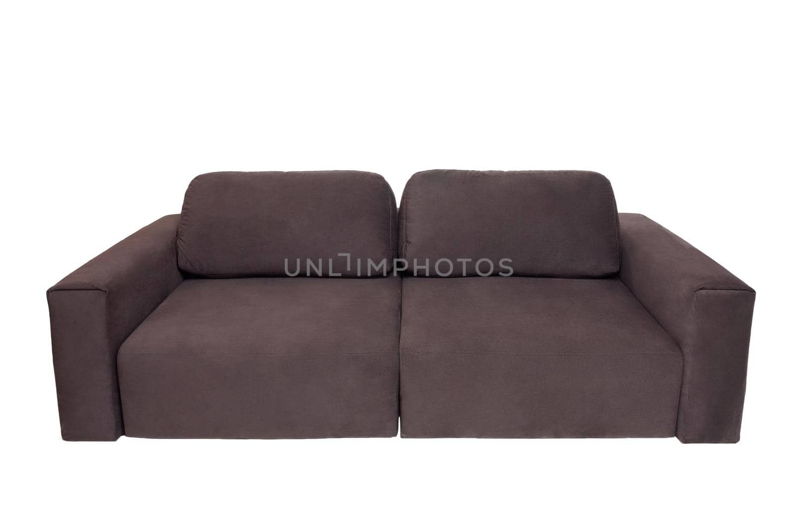 Modern brown fabric sofa isolated on white background. soft couch with two pillows. front view. strict style of furniture, interior, home design