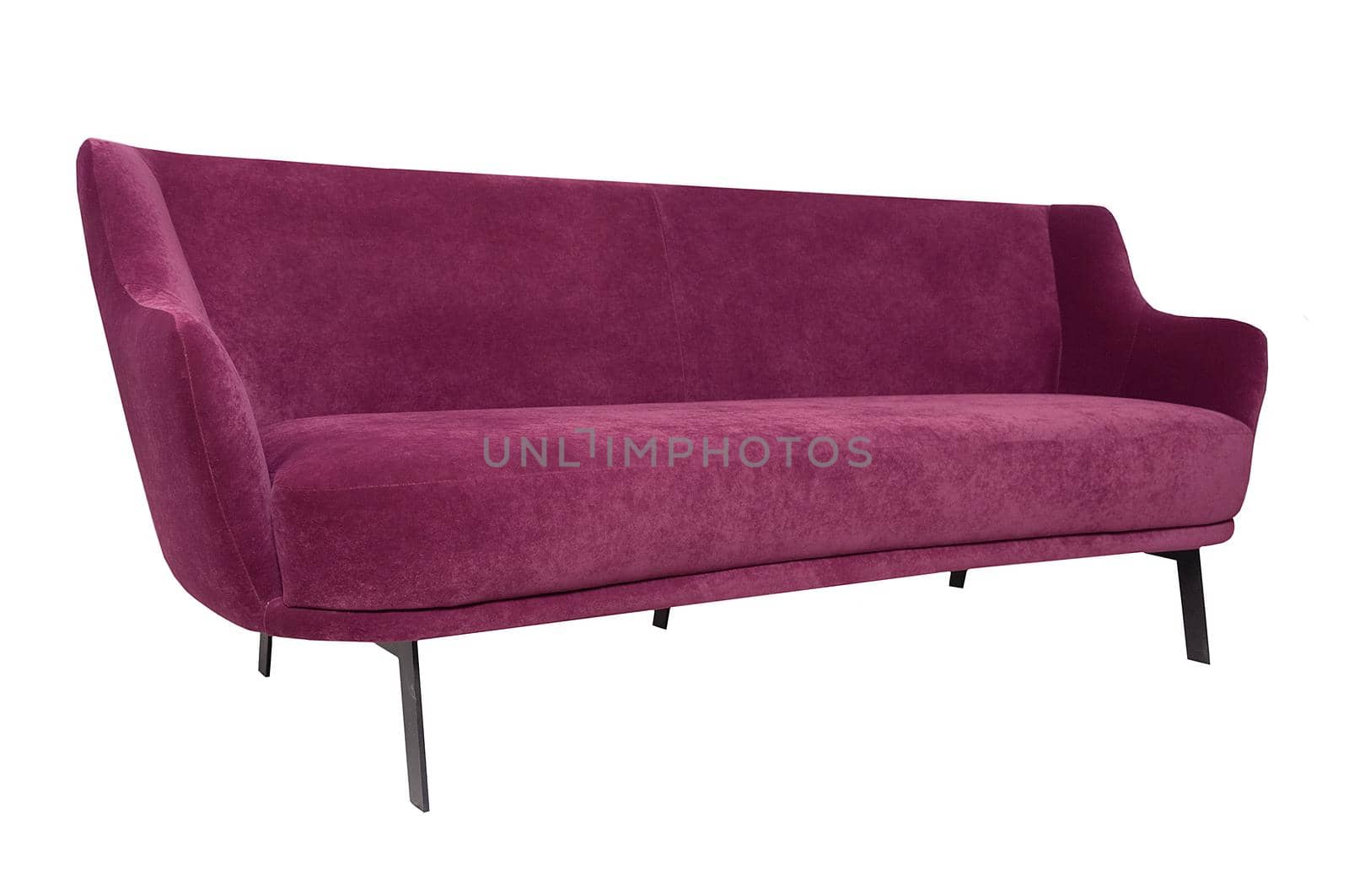 Modern scarlet fabric sofa isolated on white background. Front view. Strict style furniture
