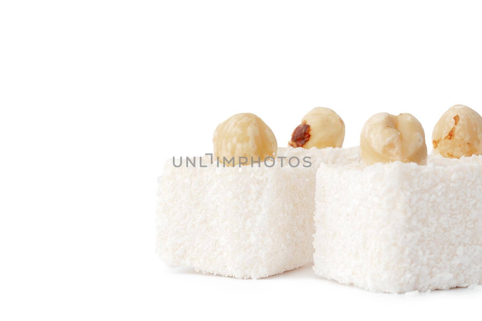 Turkish delight dessert isolated on white background, close up