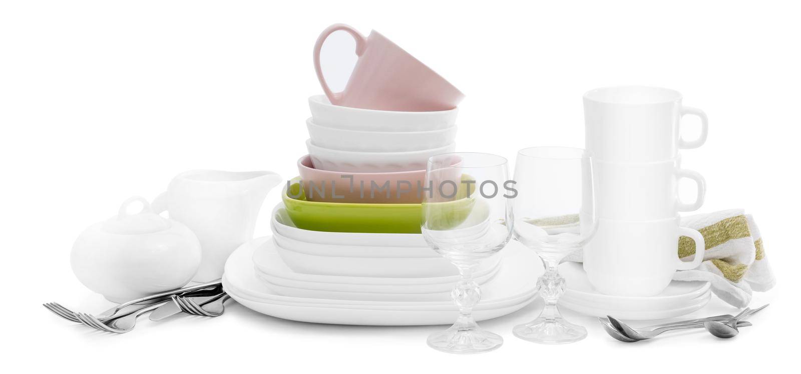 Stack of white ceramic kitchenware and cutlery, isolated on white background by tan4ikk1