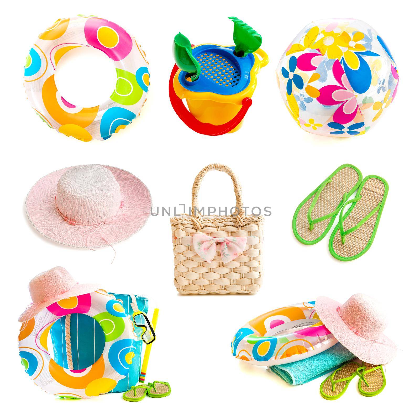 photo collage beach accessories isolated on a white background