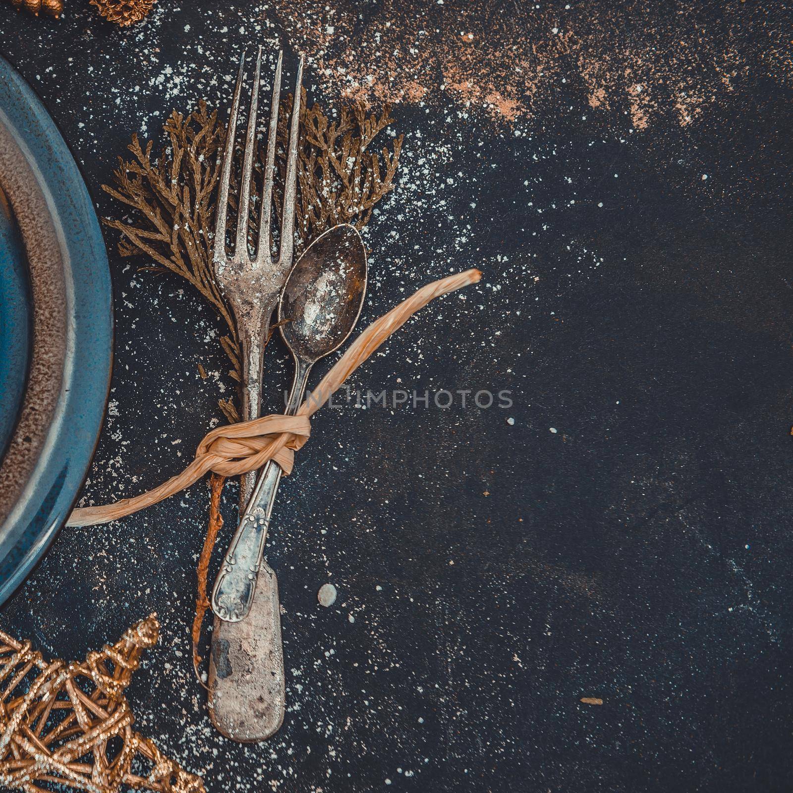 Christmas Table layout. Beautifully decorated with antique tools and plate