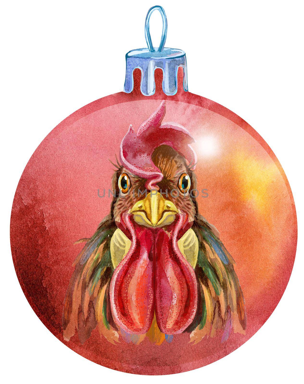 Watercolor red Christmas ball with rooster isolated on a white background. by NataOmsk