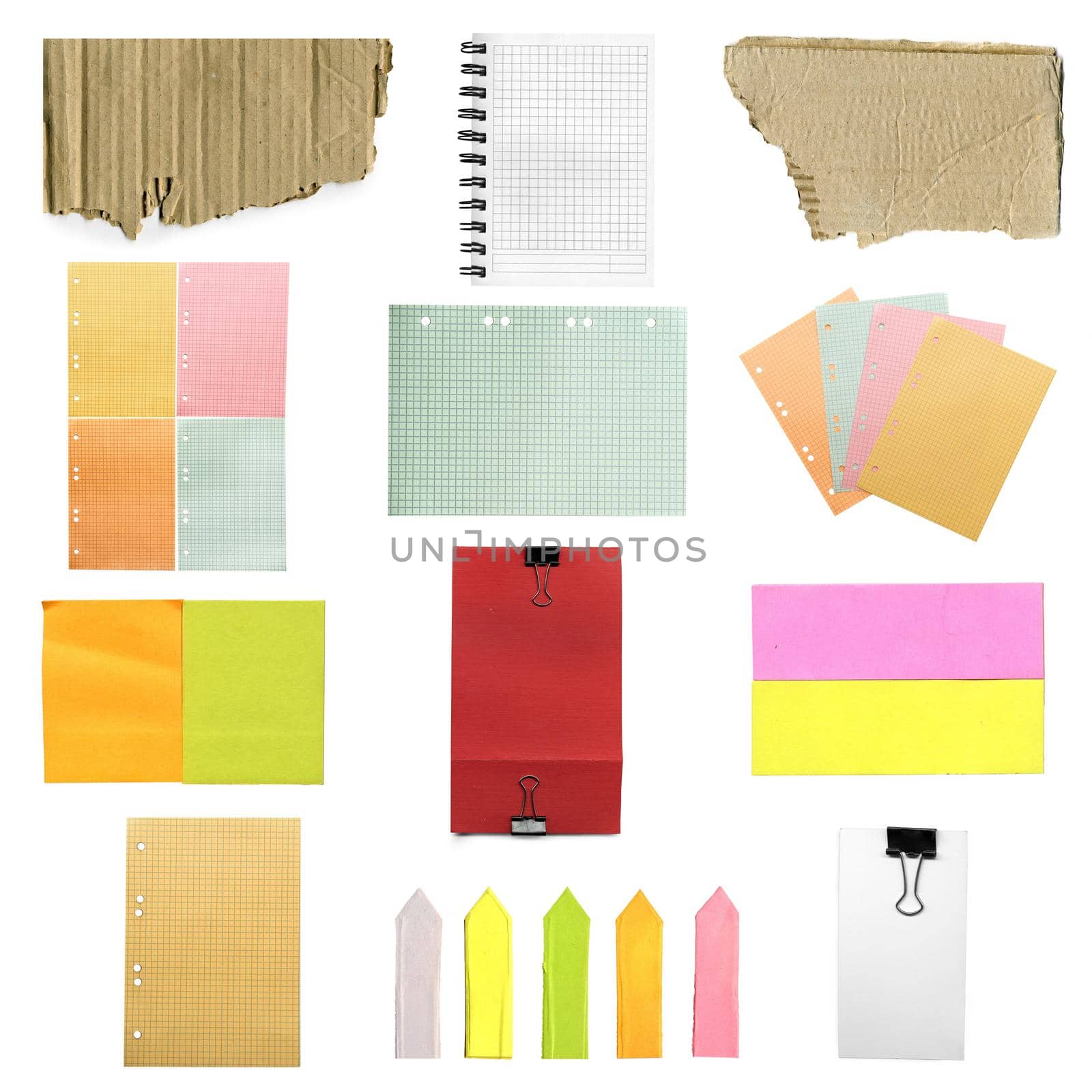 collage of paper sheets isolated on white background