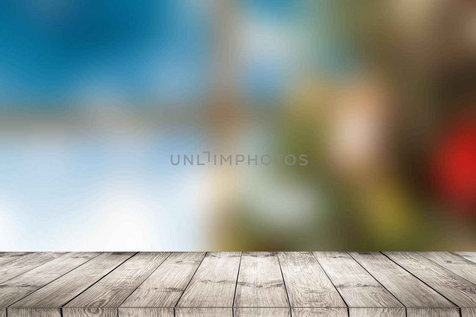 Christmas holiday background with empty wooden deck table over bokeh. Ready for product montage.
