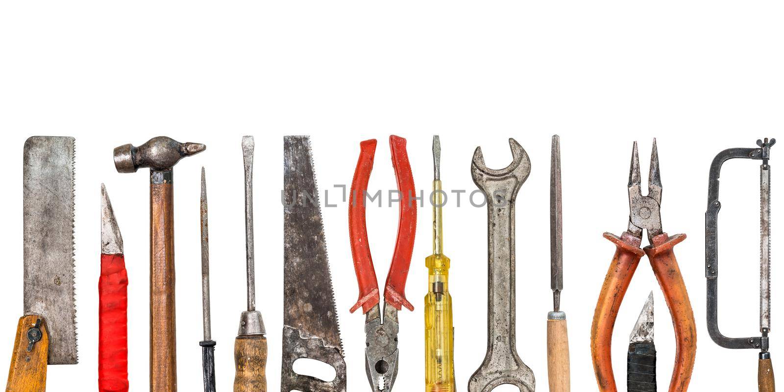 Set of different work tools isolated on white background with copyspace