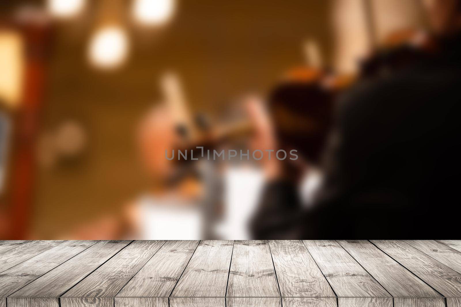 empty wooden floor or wooden terrace with abstract night light bokeh of night festival, blurred background, copy space for display of product or object presentation, vintage color tone.