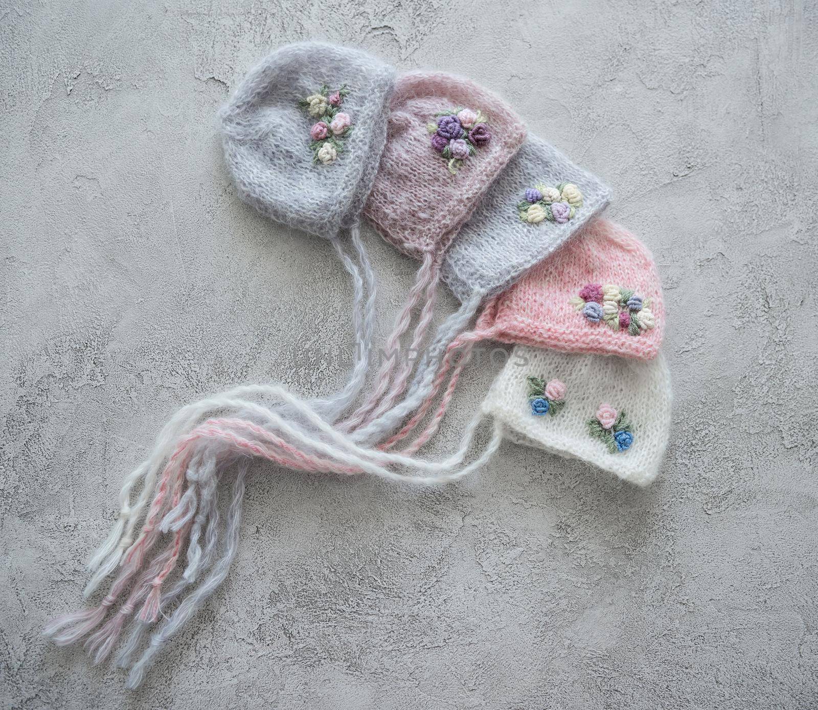 set of tender knitted hats for newborn. props for photo sessions