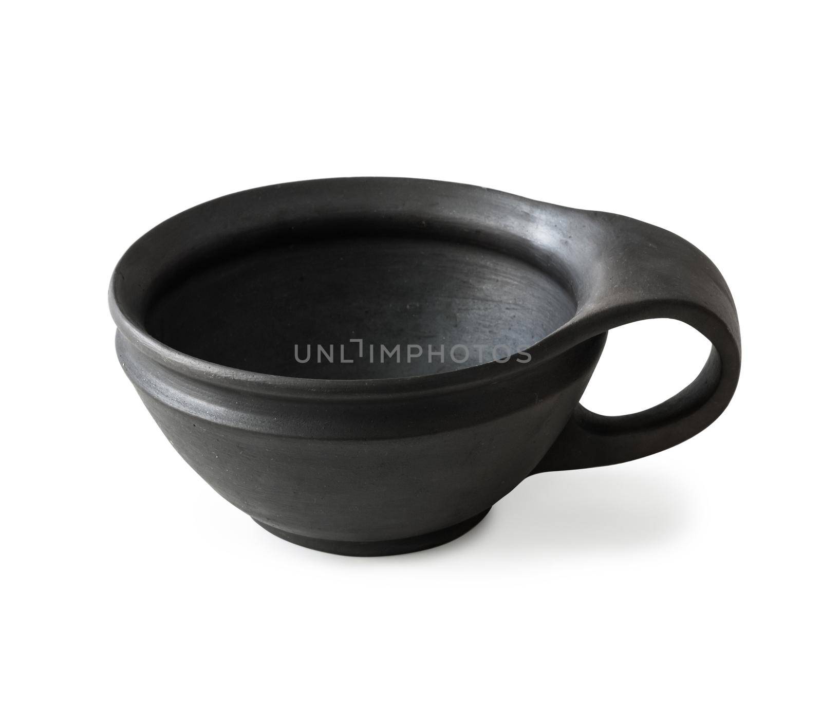 black pottery bowl with handle isolated on white background