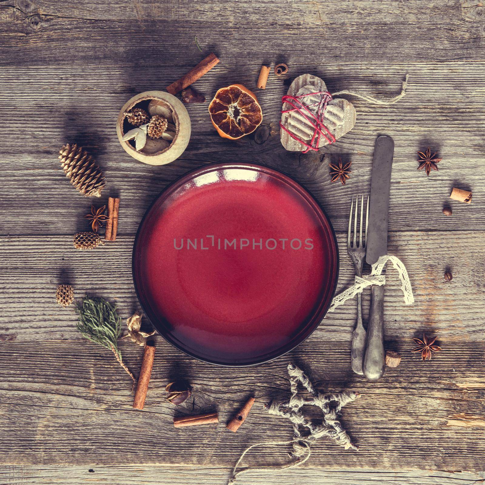 Christmas Table layout. Beautifully decorated with antique tools and plate