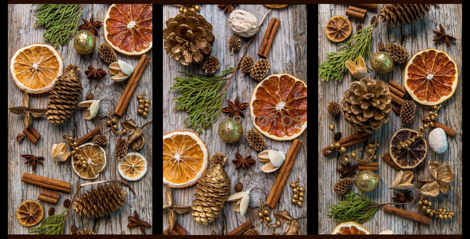 Christmas decorations on an old wooden background with cinnamon and dried orange slices