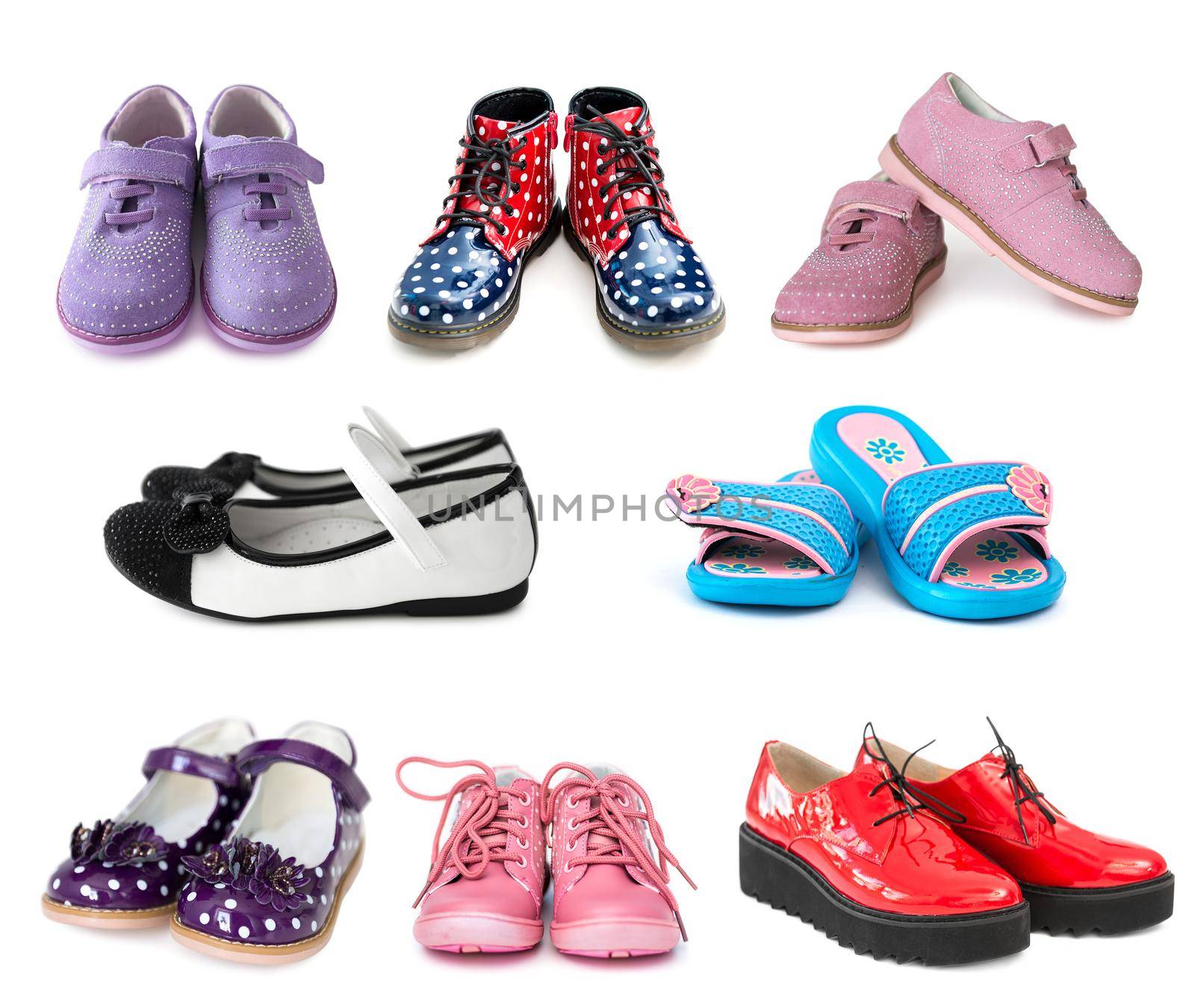 collage of different kids shoes isolated on white background