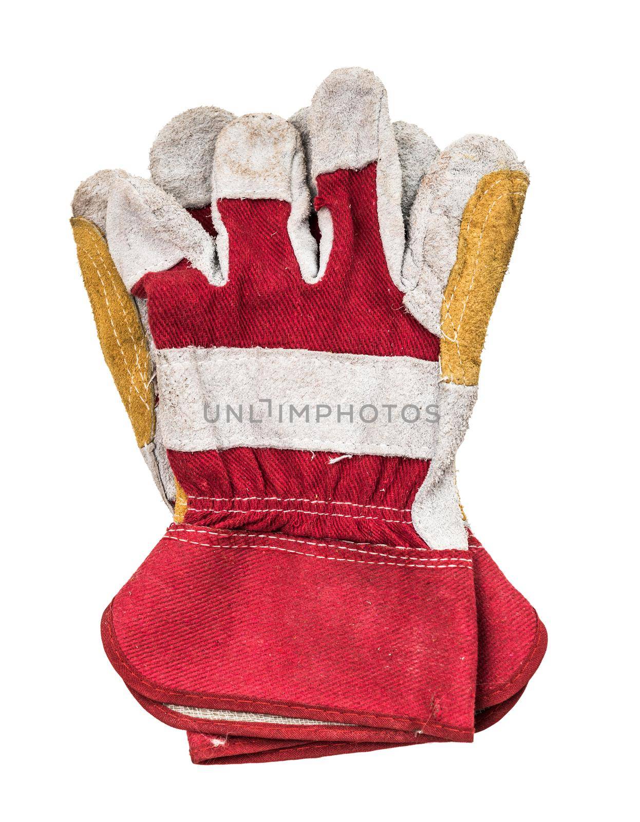 Genuine white leather and red fabric work gloves over white background