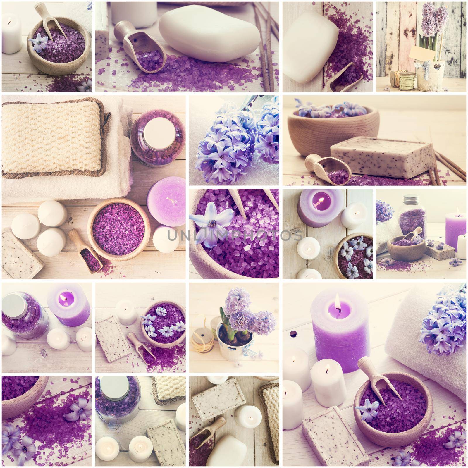 Collage of photos violet bath salt soap and candles