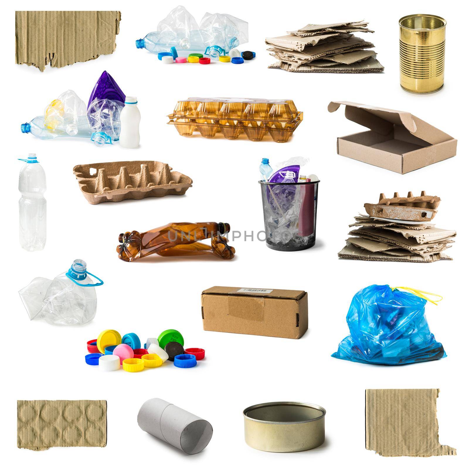collage of plastic and carton rubbish isolated on white background