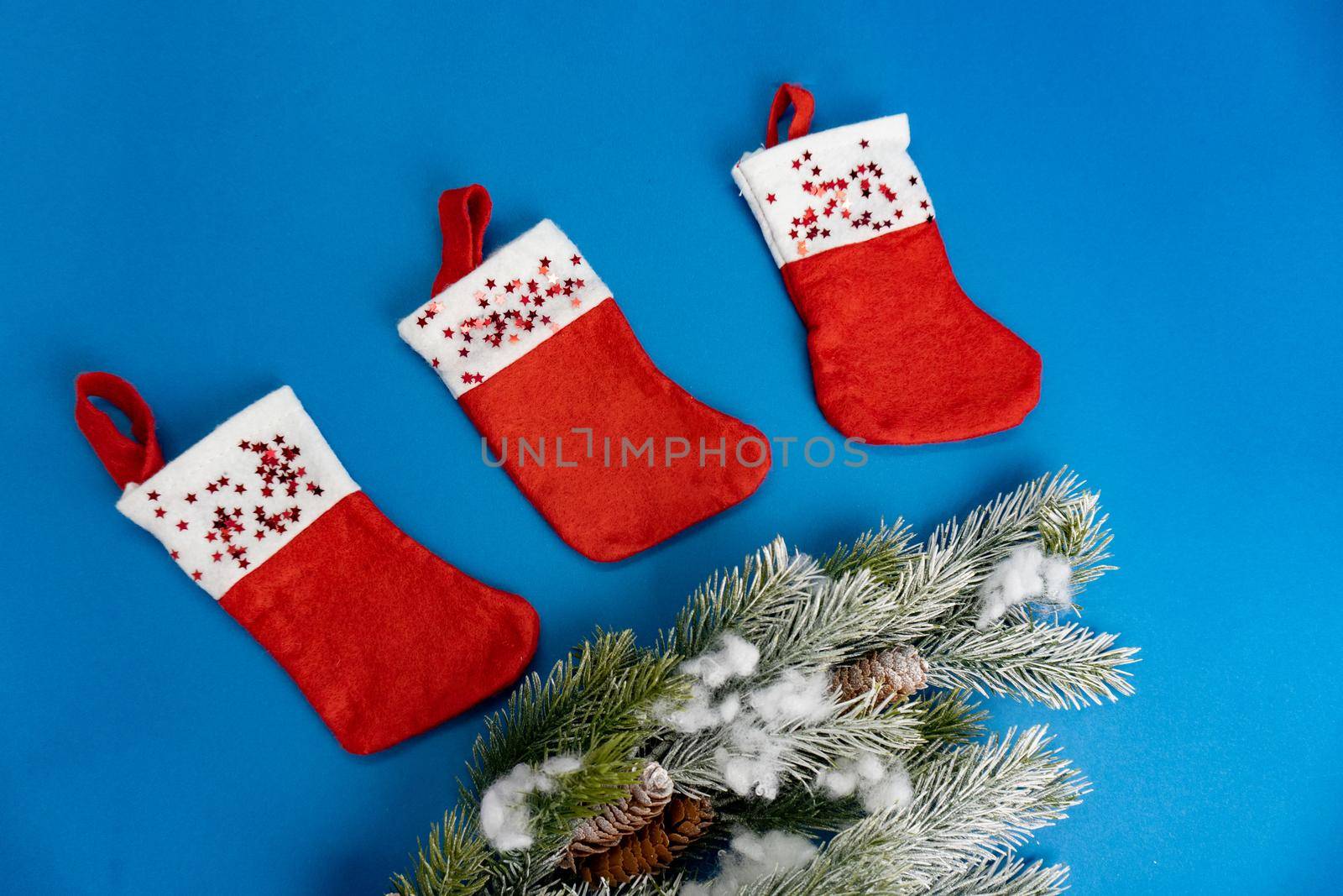 Christmas socks, boots of santa clause, green tree branches are on blue background, trendy color of the year. New year concept, good for banner.