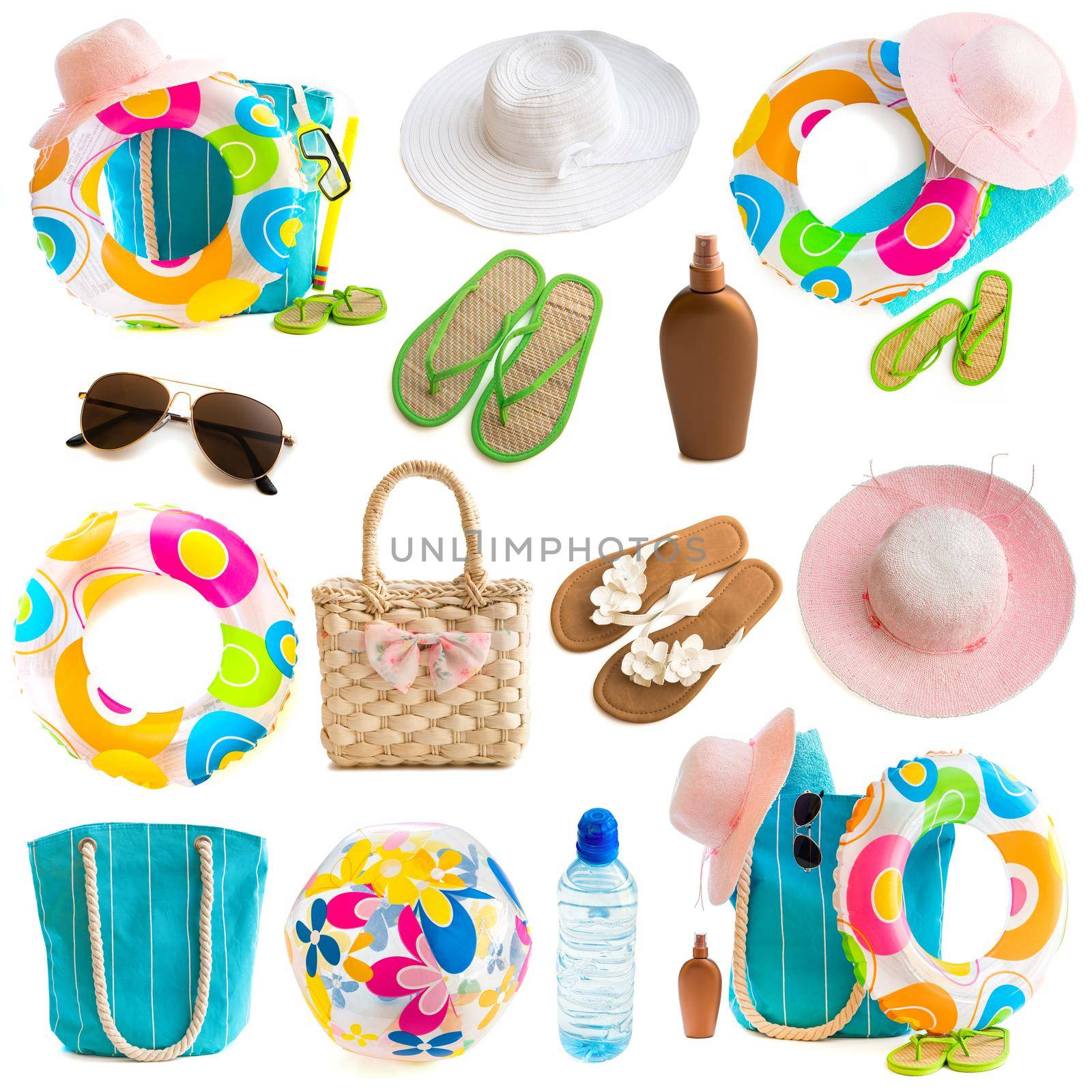 Photo collage of beach accessories and toys on a white background