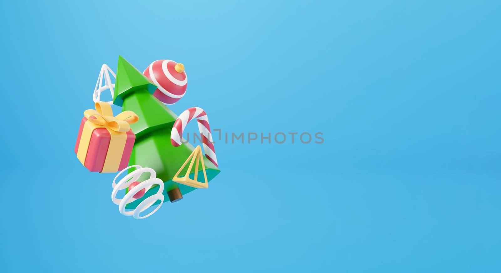 New Year and Christmas 3d design. Realistic gifts box, xmas fir tree, ball, candy and decorative elements holiday banner. 3d render image of christmas holiday