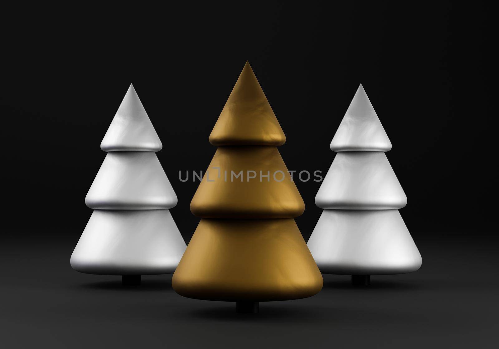 Three silver and gold christmas tree on black background. Merry christmas and happy new year Copy space minimal. 3d rendering. 2022 year