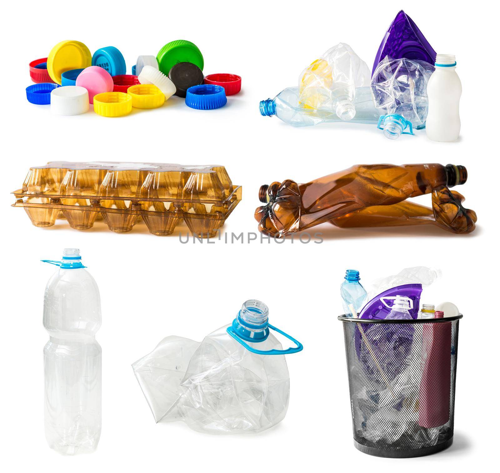 collage of plastic waste isolated on white background