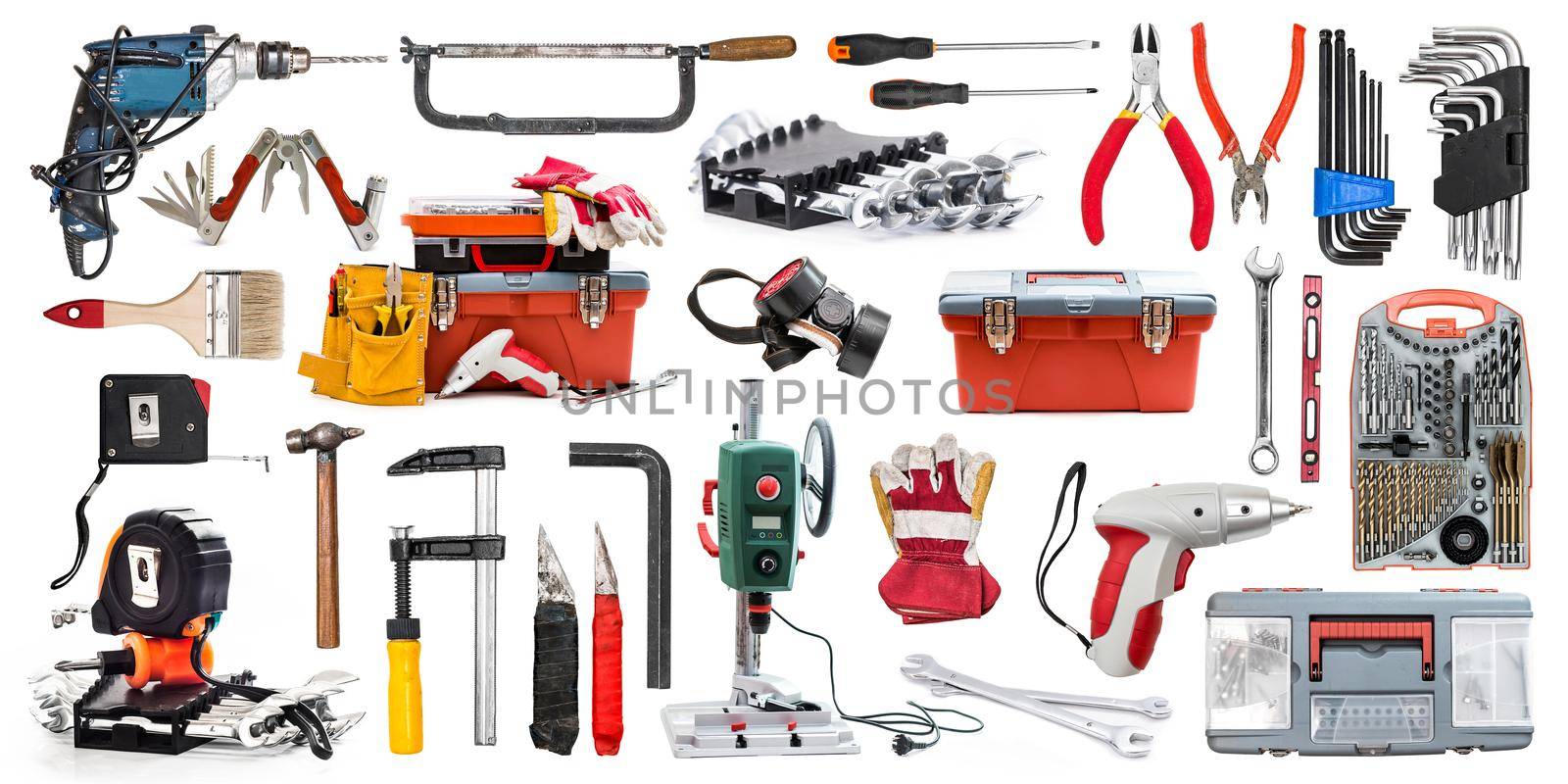Composition of different professional work tools isolated on white background