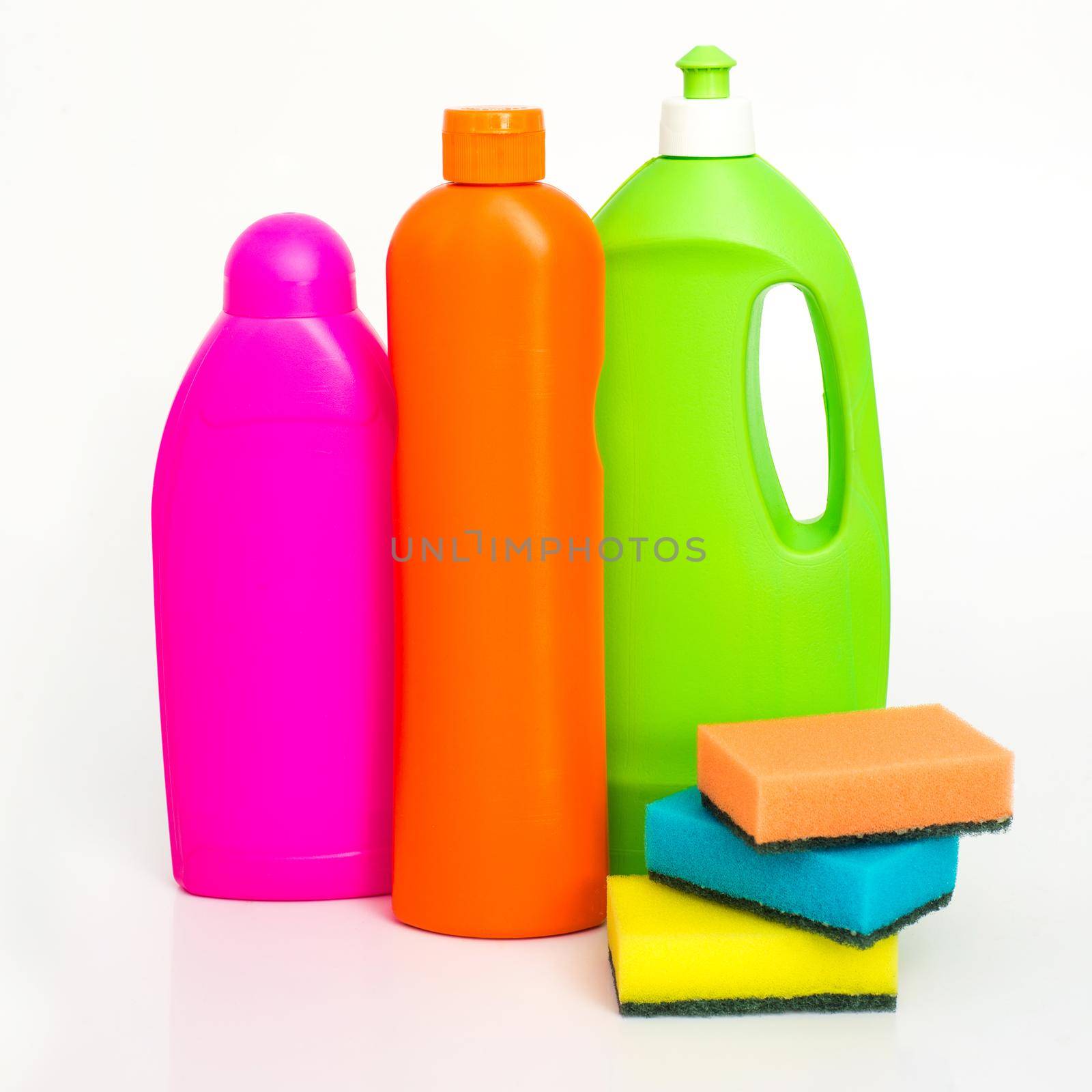 cleaning supplies and sponges isolated on white background