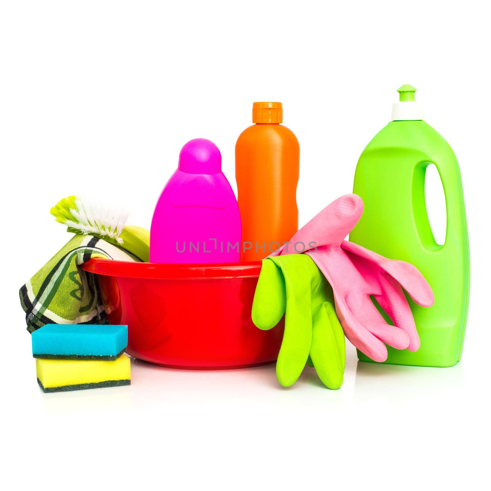 cleaning supplies and gloves isolated on white background